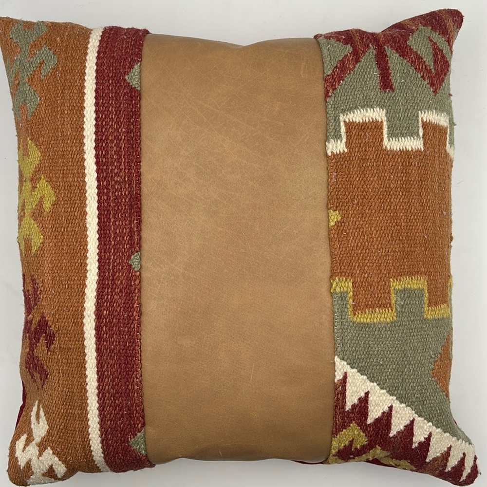 Calico Kilim Rug and Leather Accent Pillow